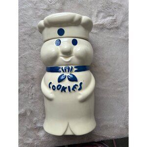 Pillsbury Doughboy Ceramic Cookie Jar 12" White & Blue Vintage Kitchen Decor